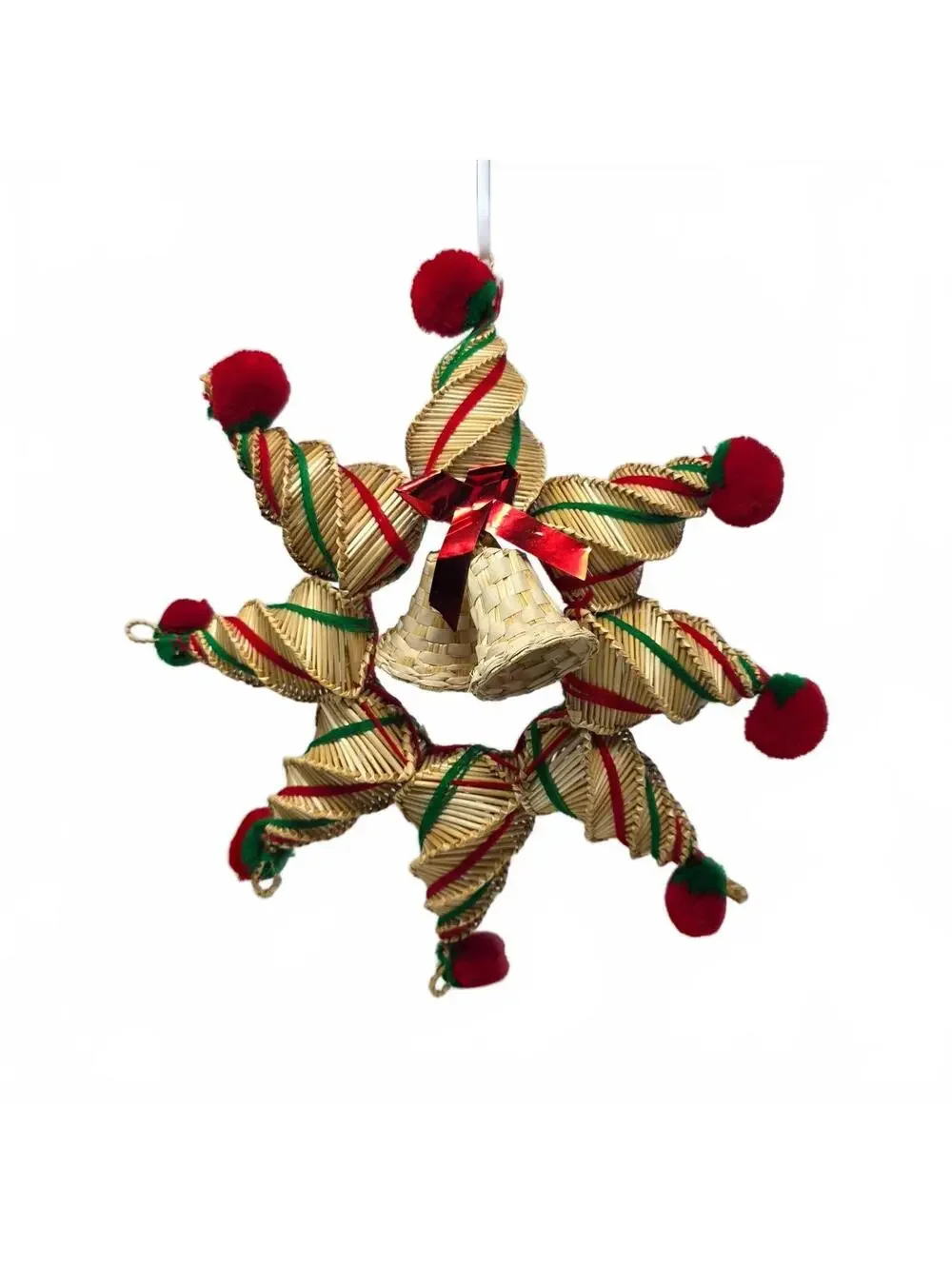 Vintage Scandinavian Style Straw Christmas Star Wreath Bells 13 Inch